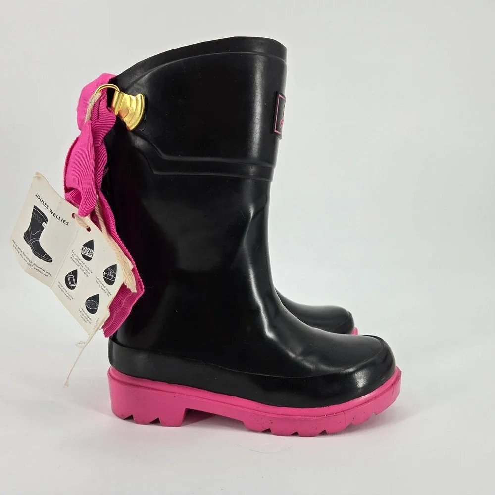 Joules Bow Welly Girls Rain Boots Black Pink Ribbon Waterproof Size US 9 NWT